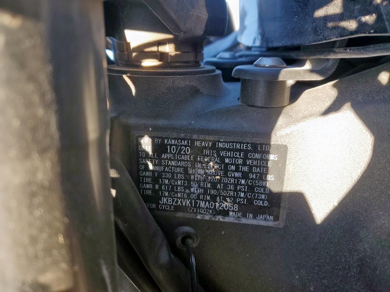 2021 Kawasaki Zx1002 K VIN: JKBZXVK17MA012058 Lot: 91667355
