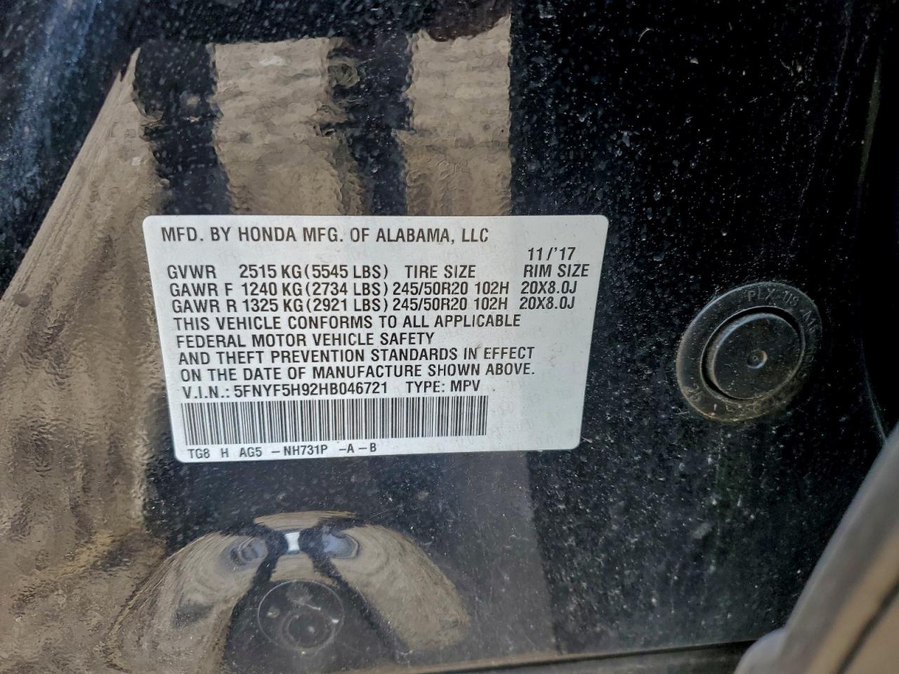 2017 Honda Pilot Touring VIN: 5FNYF5H92HB046721 Lot: 92902395