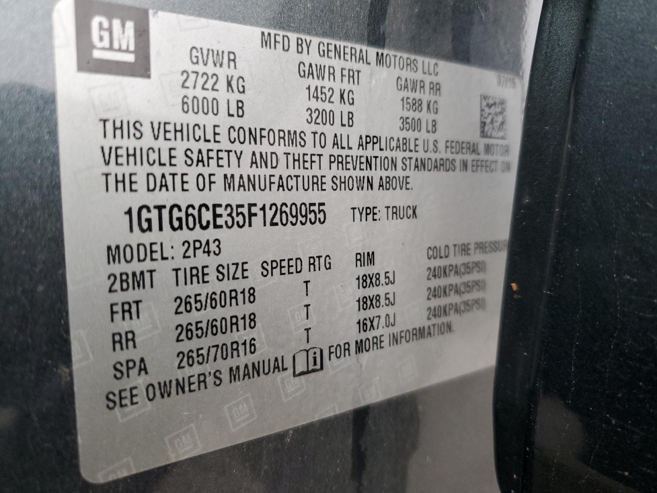 2015 GMC Canyon Slt VIN: 1GTG6CE35F1269955 Lot: 93121915