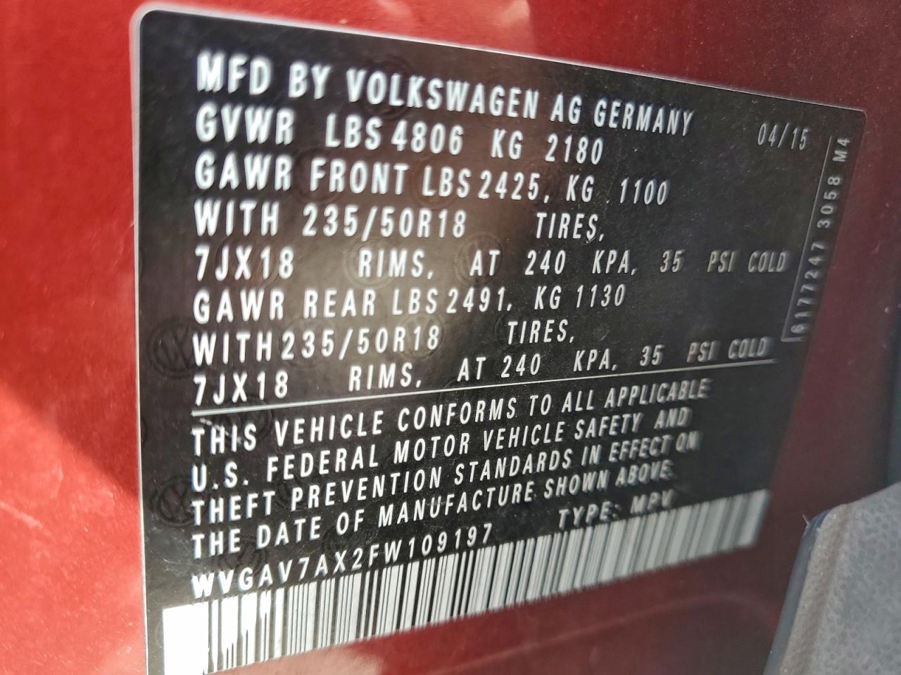 2015 Volkswagen Tiguan S VIN: WVGAV7AX2FW109197 Lot: 94728365