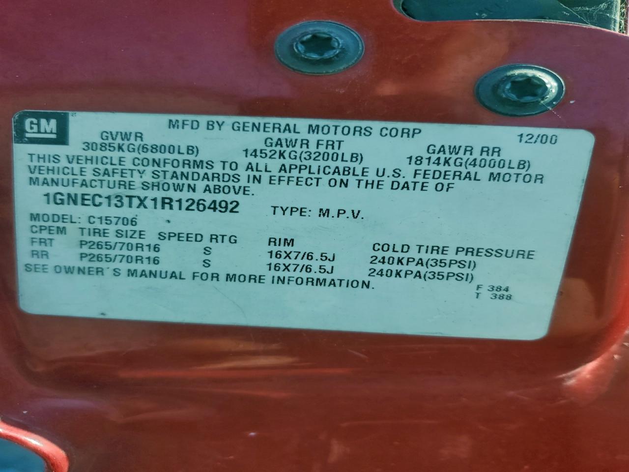 2001 Chevrolet Tahoe C1500 VIN: 1GNEC13TX1R126492 Lot: 93660775