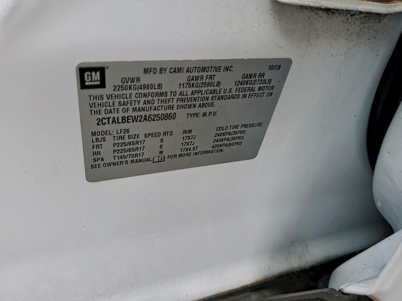 2010 GMC Terrain Sle VIN: 2CTALBEW2A6250860 Lot: 92519835