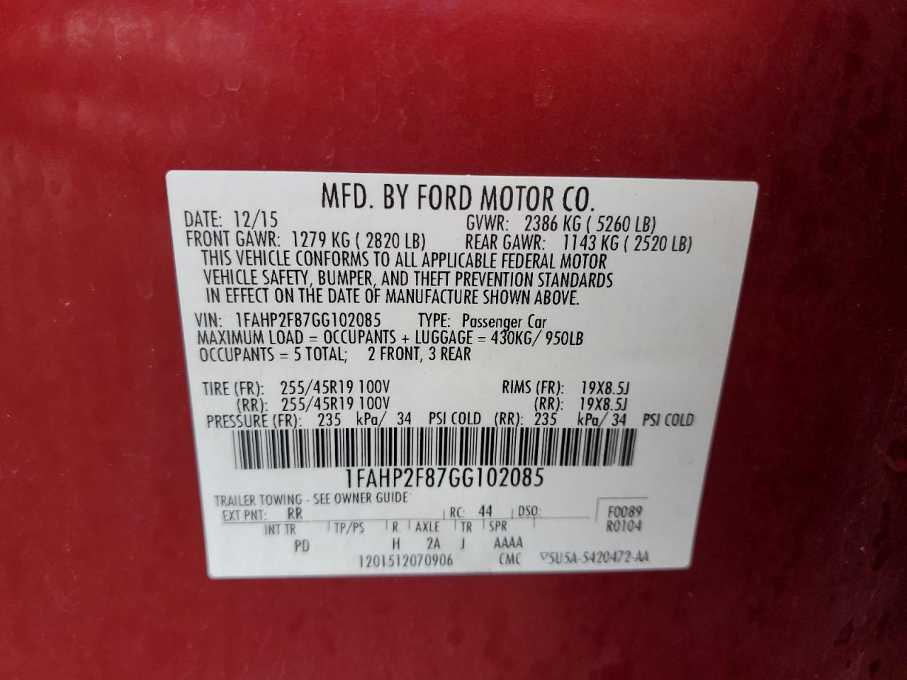 2016 Ford Taurus Limited VIN: 1FAHP2F87GG102085 Lot: 93006435