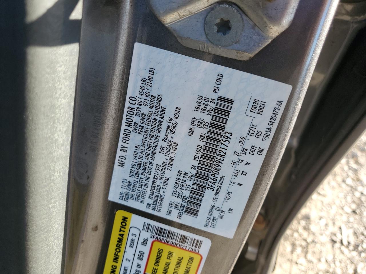 2014 Ford Fusion Titanium VIN: 3FA6P0K99ER217593 Lot: 91365205