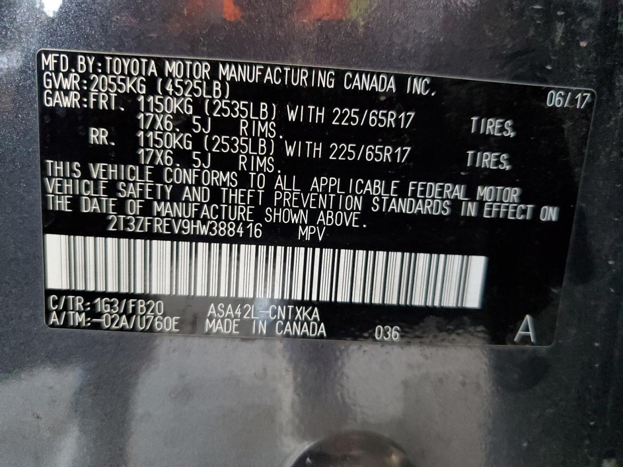 2017 Toyota Rav4 Le VIN: 2T3ZFREV9HW388416 Lot: 92463435