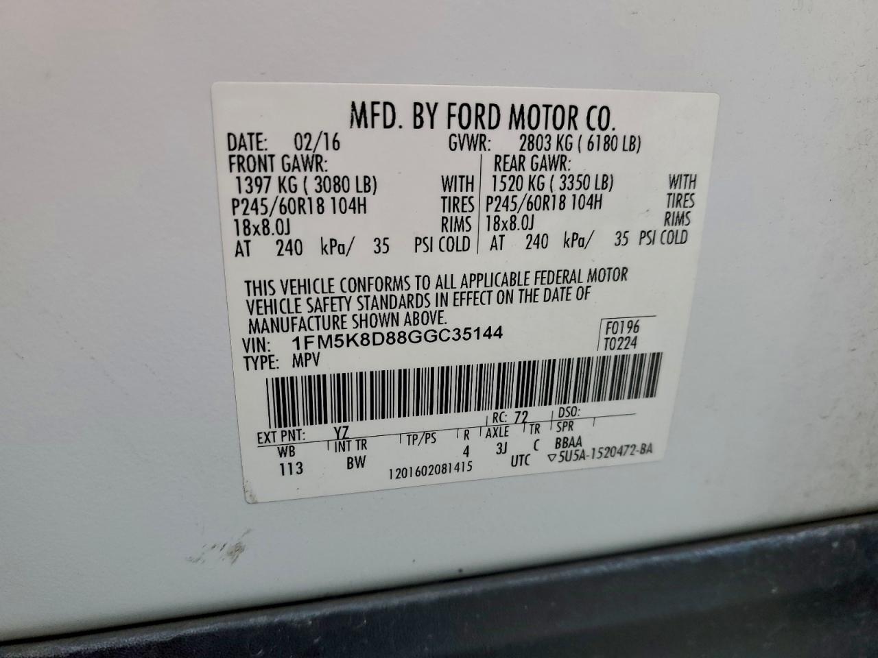 2016 Ford Explorer Xlt VIN: 1FM5K8D88GGC35144 Lot: 94726135