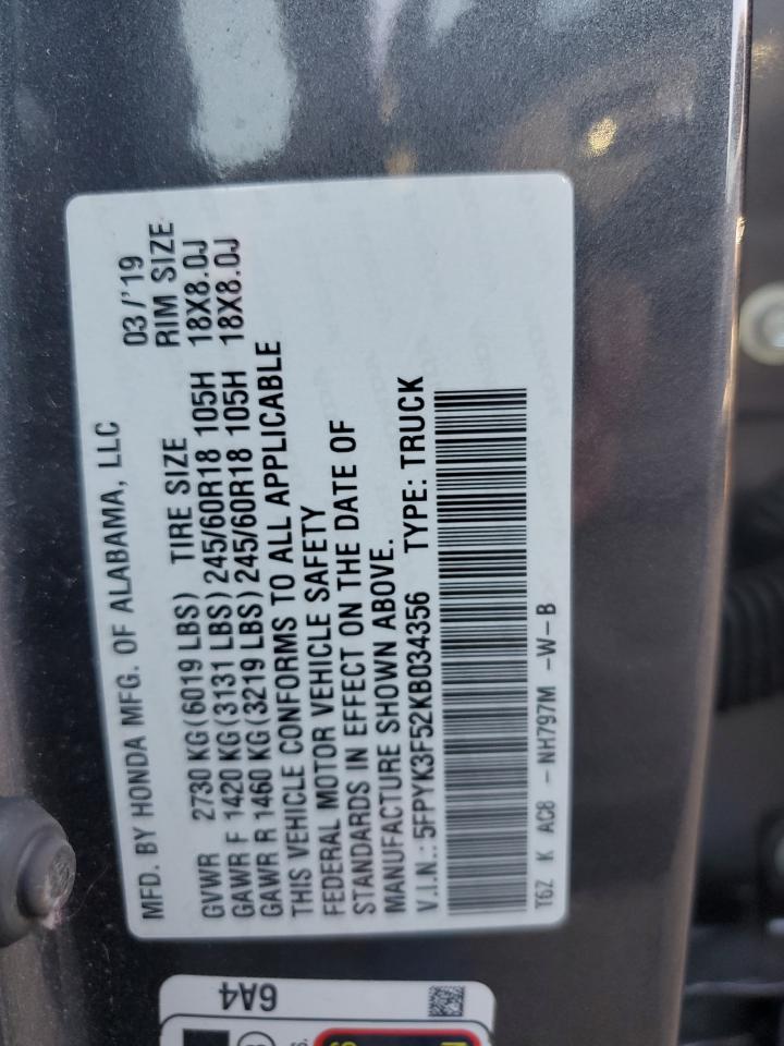 2019 Honda Ridgeline Rtl VIN: 5FPYK3F52KB034356 Lot: 92470055