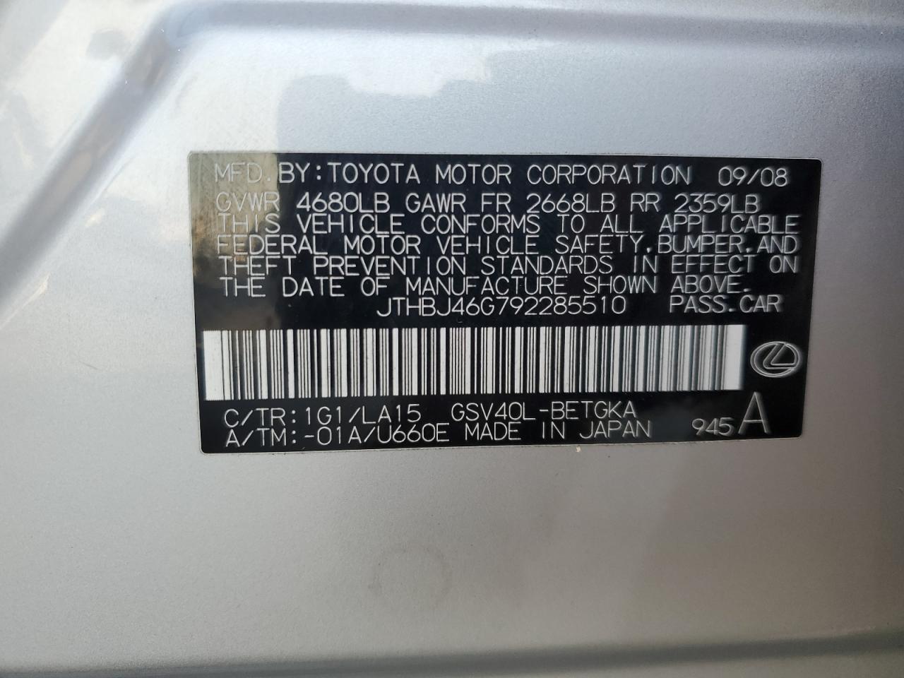 2009 Lexus Es 350 VIN: JTHBJ46G792285510 Lot: 93205535