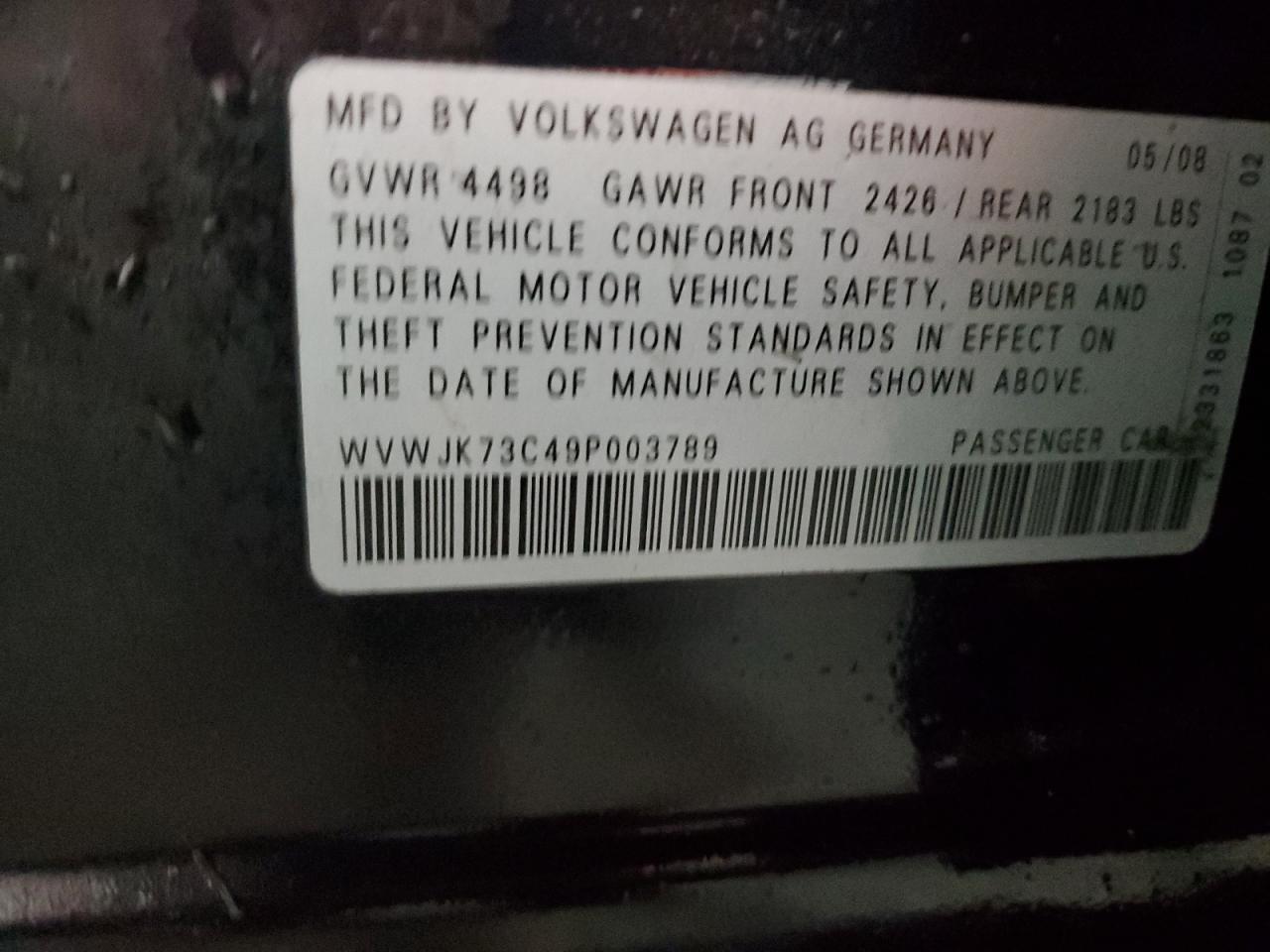 2009 Volkswagen Passat Turbo VIN: WVWJK73C49P003789 Lot: 91365685