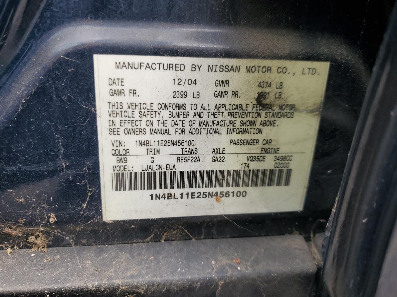 2005 Nissan Altima Se VIN: 1N4BL11E25N456100 Lot: 92757595