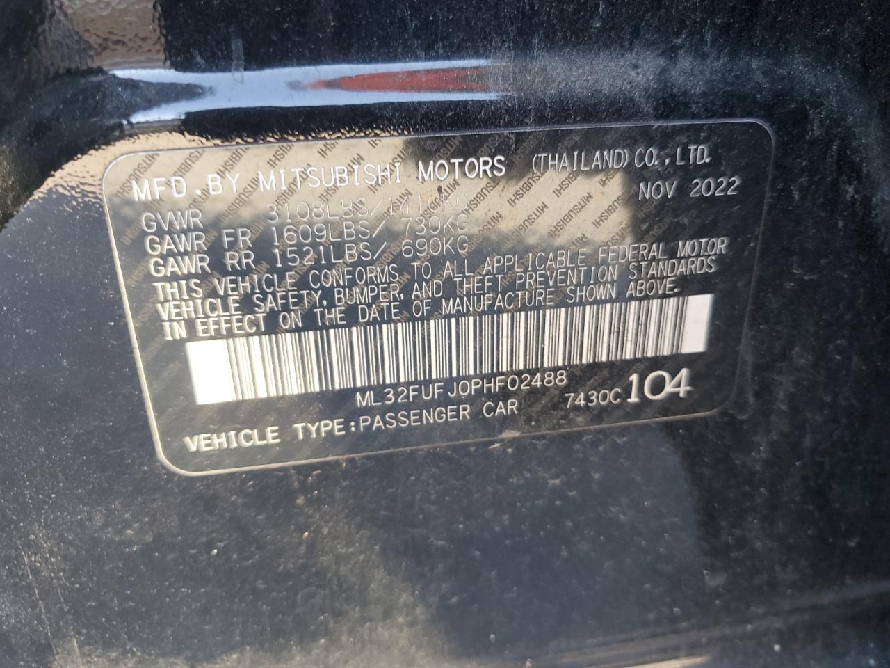 2023 Mitsubishi Mirage G4 Es VIN: ML32FUFJ0PHF02488 Lot: 94017715