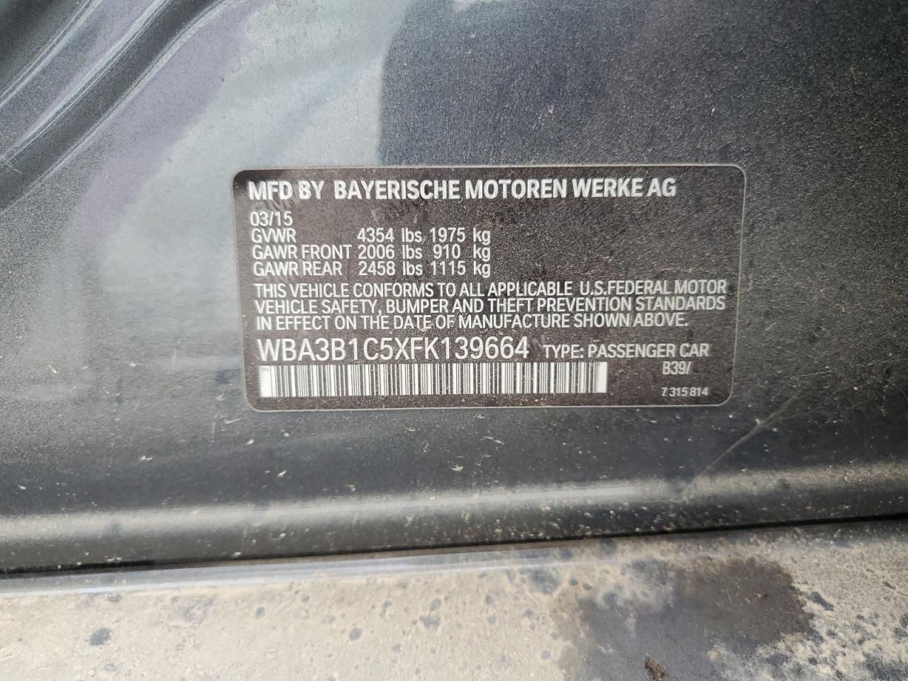 2015 BMW 320 I VIN: WBA3B1C5XFK139664 Lot: 93079225