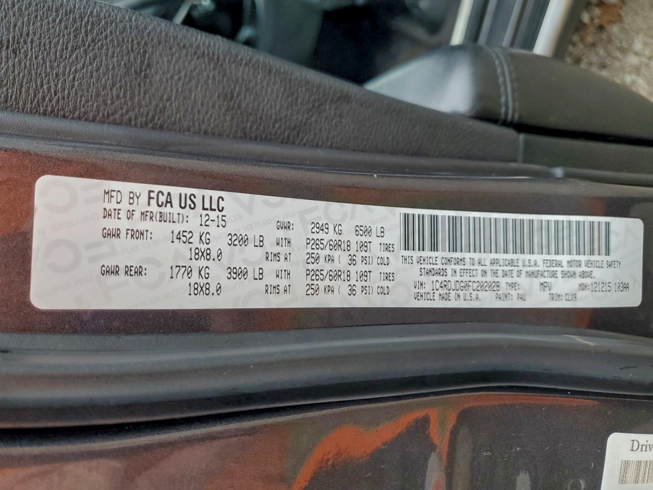 2015 Dodge Durango Limited VIN: 1C4RDJDG0FC202028 Lot: 93401685