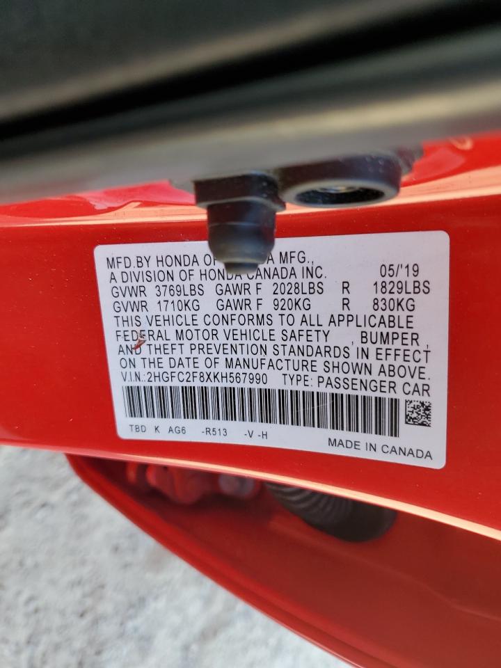 2019 Honda Civic Sport VIN: 2HGFC2F8XKH567990 Lot: 91316865