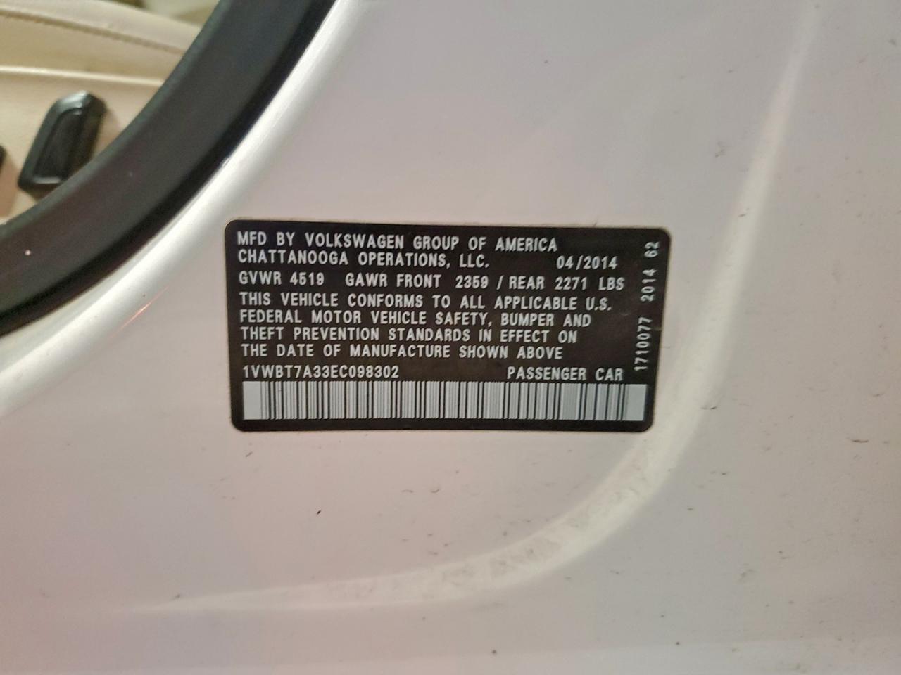 2014 Volkswagen Passat Se VIN: 1VWBT7A33EC098302 Lot: 94163675