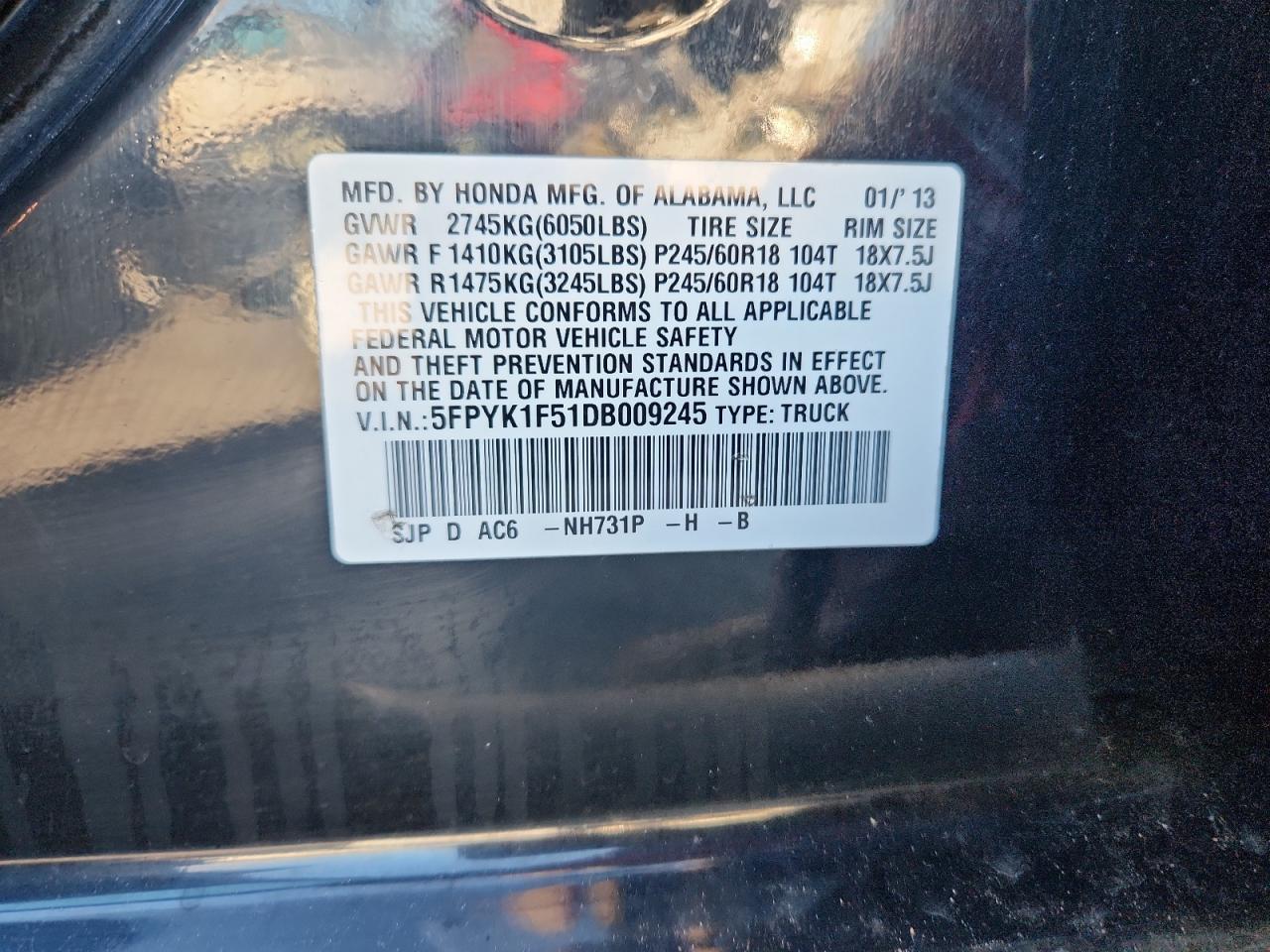 2013 Honda Ridgeline Rtl VIN: 5FPYK1F51DB009245 Lot: 91517985