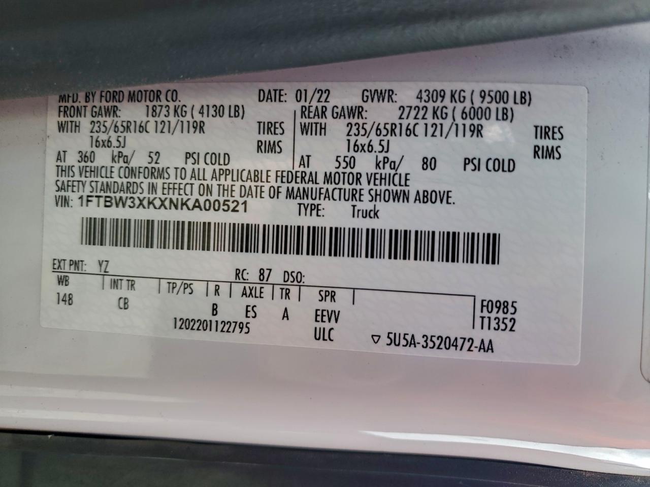 2022 Ford Transit Delivery Van VIN: 1FTBW3XKXNKA00521 Lot: 90727455