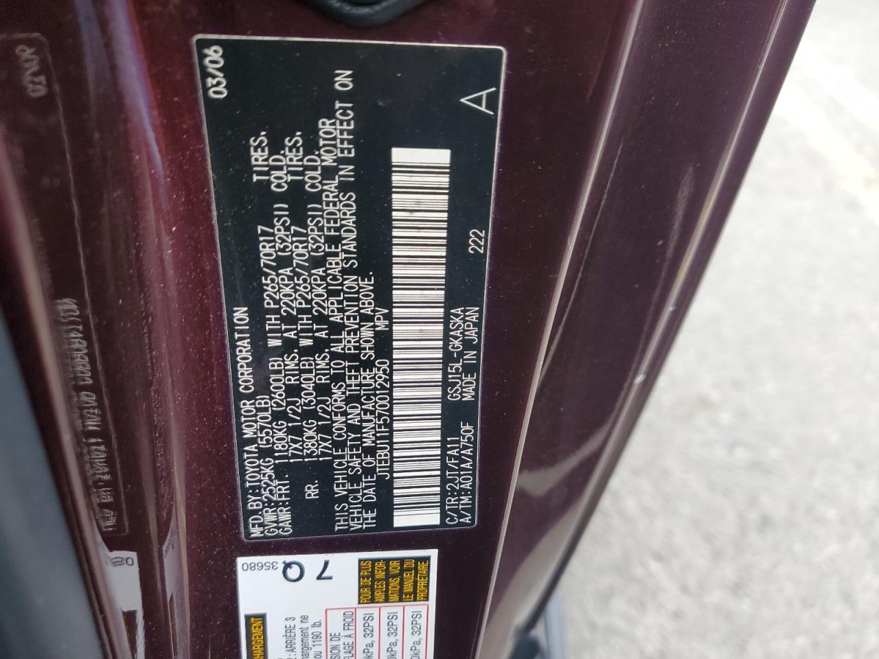 2007 Toyota Fj Cruiser VIN: JTEBU11F570012950 Lot: 93189485