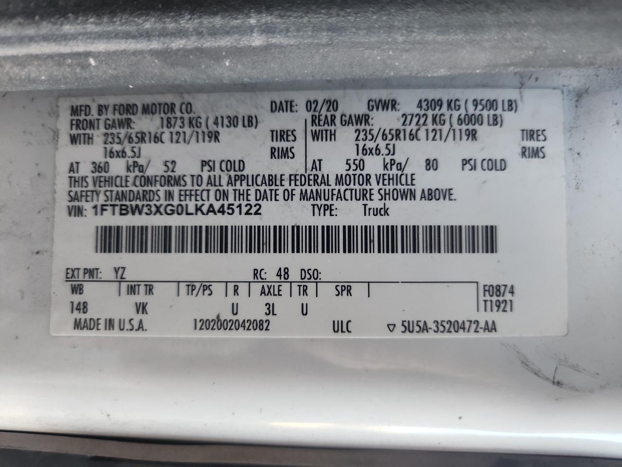 2020 Ford Transit 1500 Delivery Van VIN: 1FTBW3XG0LKA45122 Lot: 91550735