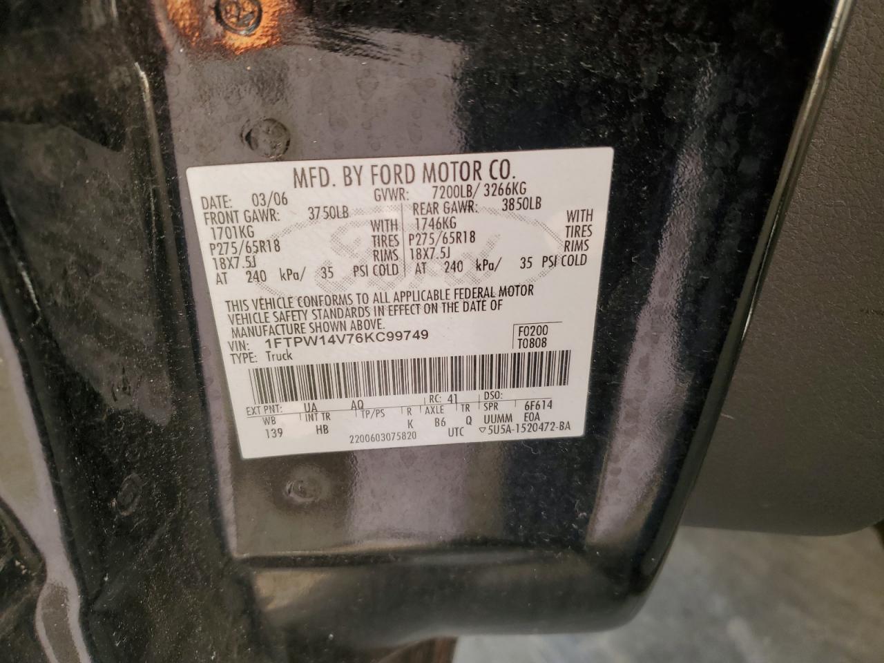 2006 Ford F150 Supercrew VIN: 1FTPW14V76KC99749 Lot: 91594605