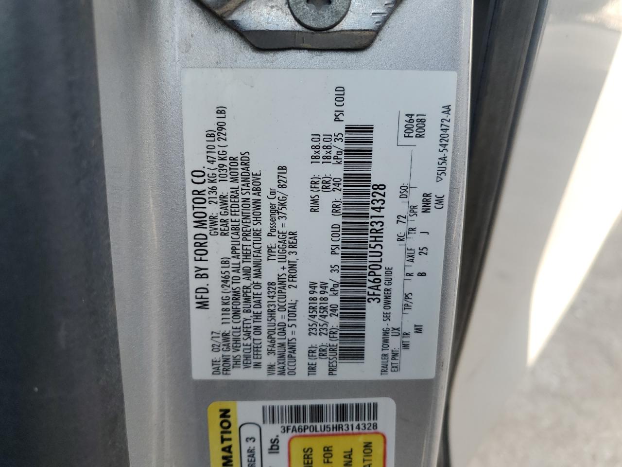 2017 Ford Fusion Se Hybrid VIN: 3FA6P0LU5HR314328 Lot: 93736645