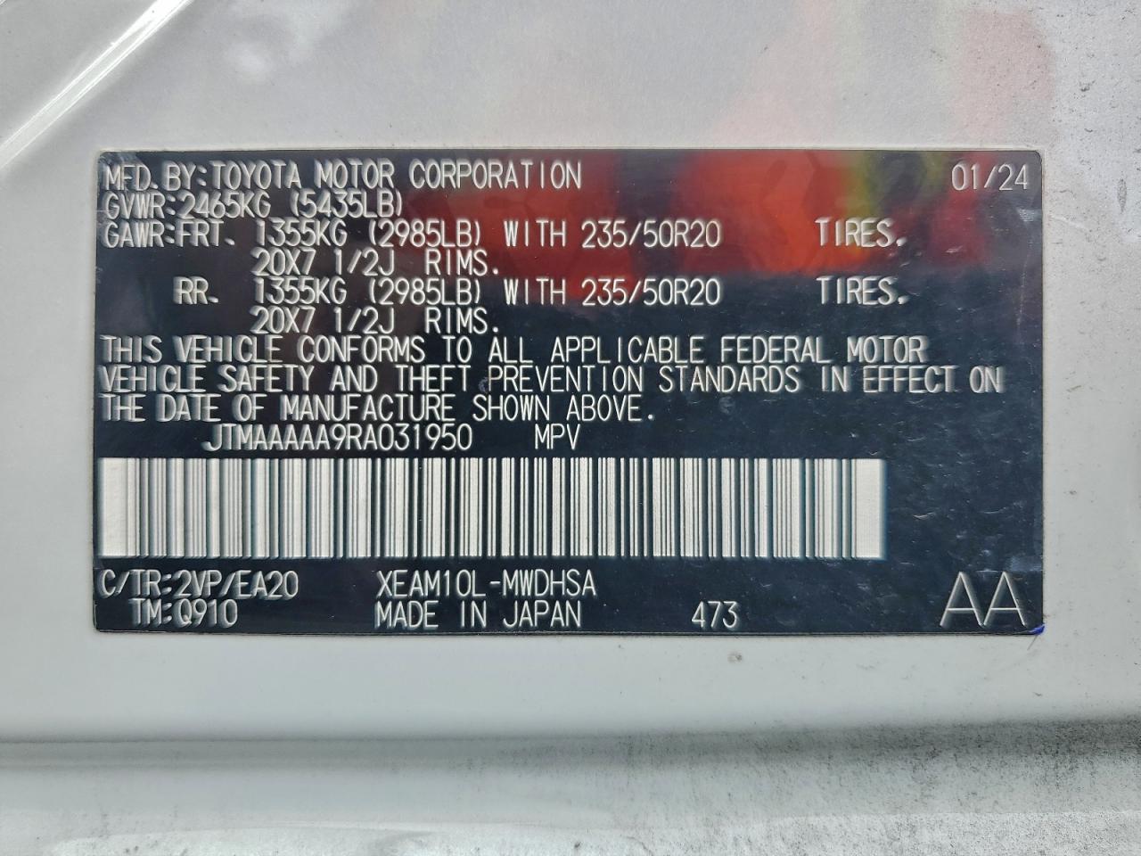 2024 Toyota Bz4X Xle VIN: JTMAAAAA9RA031950 Lot: 93765355