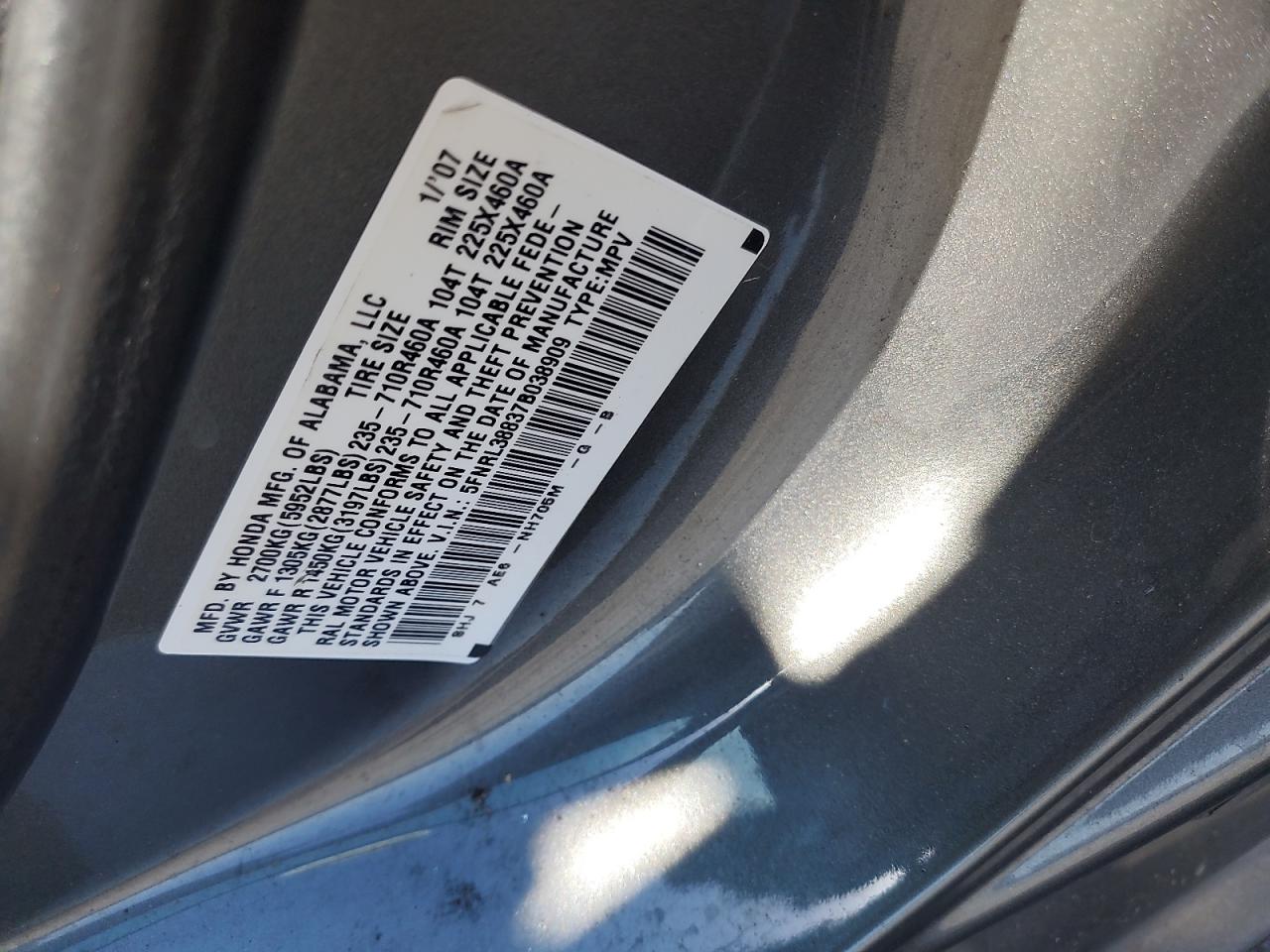 2007 Honda Odyssey Touring VIN: 5FNRL38837B038909 Lot: 92932535