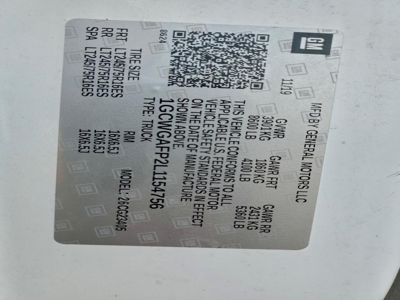 2020 Chevrolet Express G2500 VIN: 1GCWGAFP2L1154756 Lot: 93426625