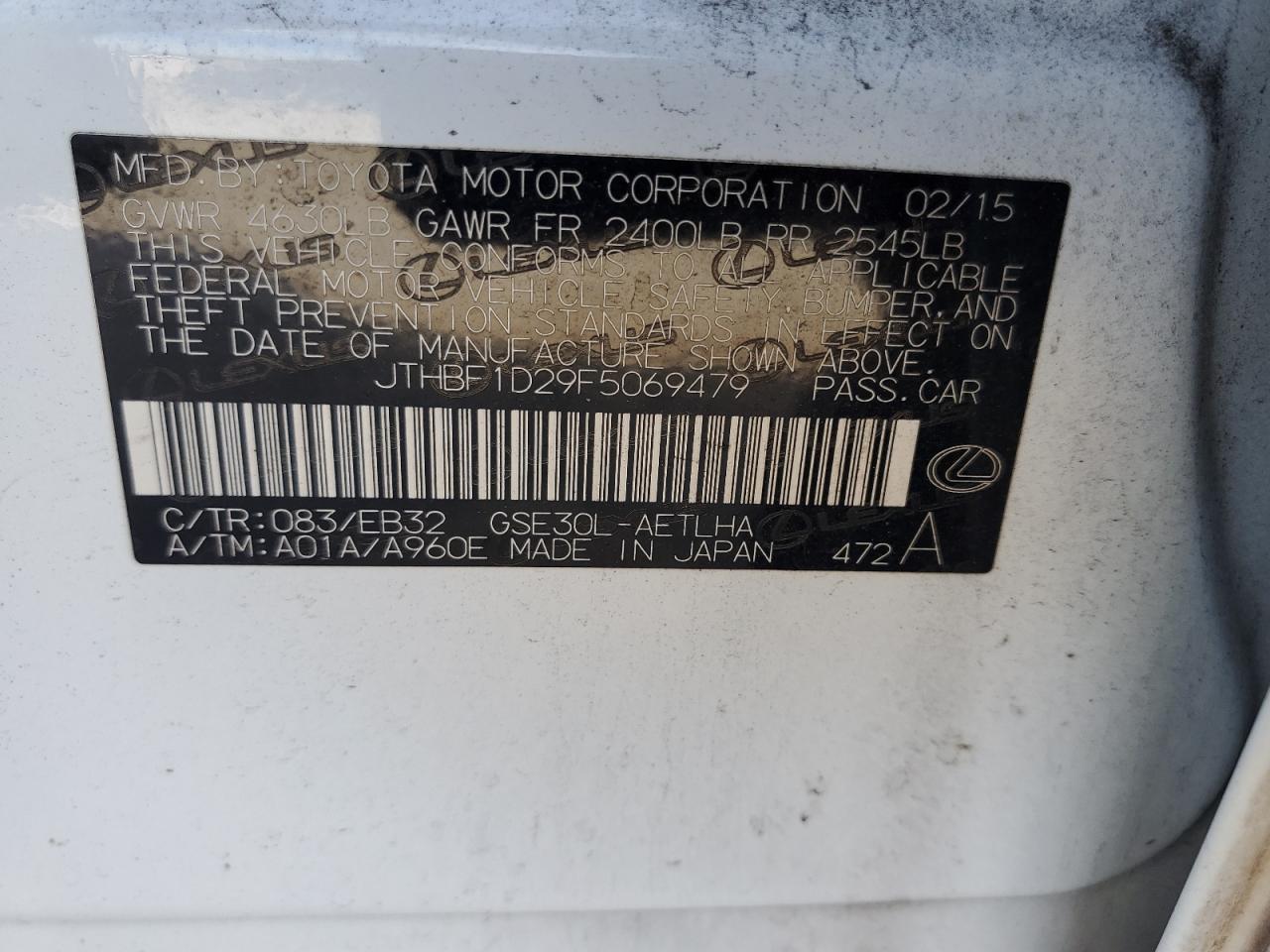 2015 Lexus Is 250 VIN: JTHBF1D29F5069479 Lot: 91322655