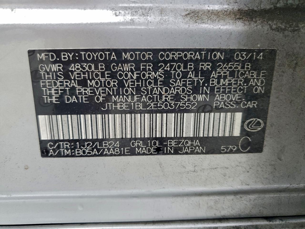 2014 Lexus Gs 350 VIN: JTHBE1BL2E5037552 Lot: 93734785