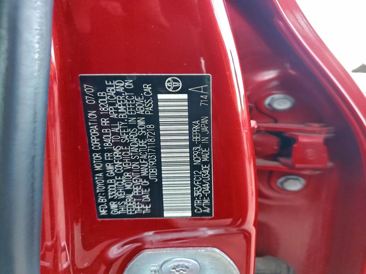 2007 Toyota Yaris VIN: JTDBT903171187218 Lot: 94566685