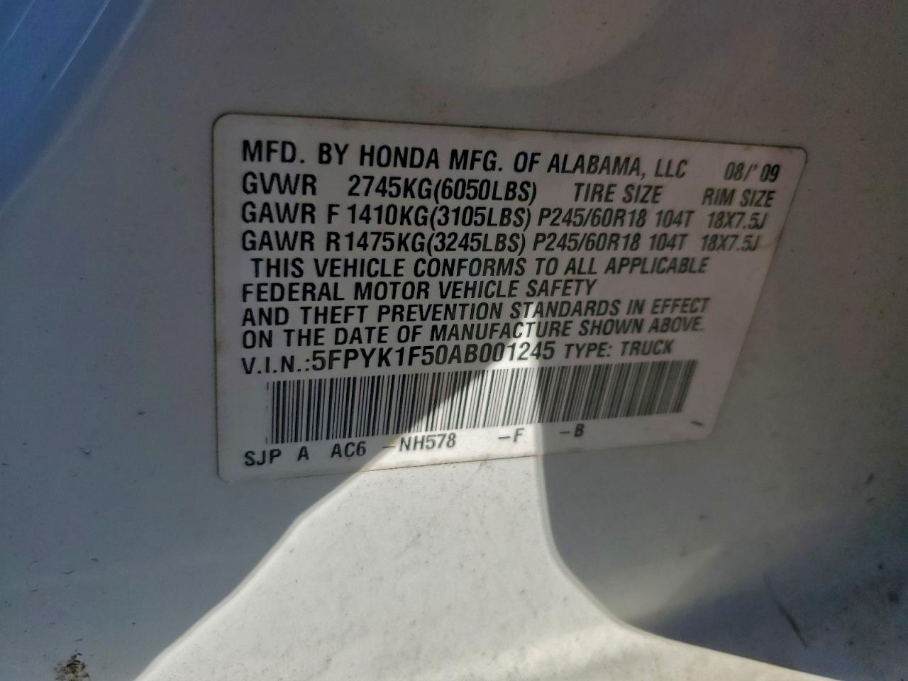2010 Honda Ridgeline Rtl VIN: 5FPYK1F50AB001245 Lot: 94435925