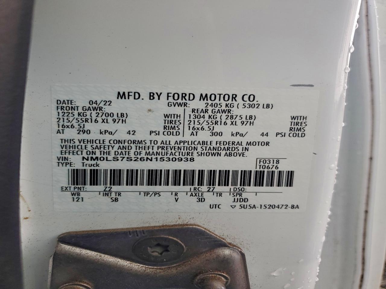 2022 Ford Transit Connect Xl VIN: NM0LS7S26N1530938 Lot: 94454455