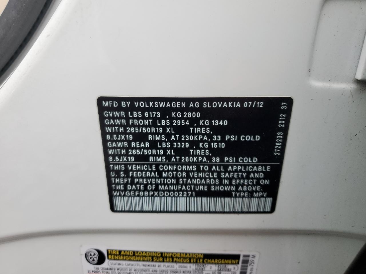 2013 Volkswagen Touareg V6 VIN: WVGEF9BPXDD002271 Lot: 91188005