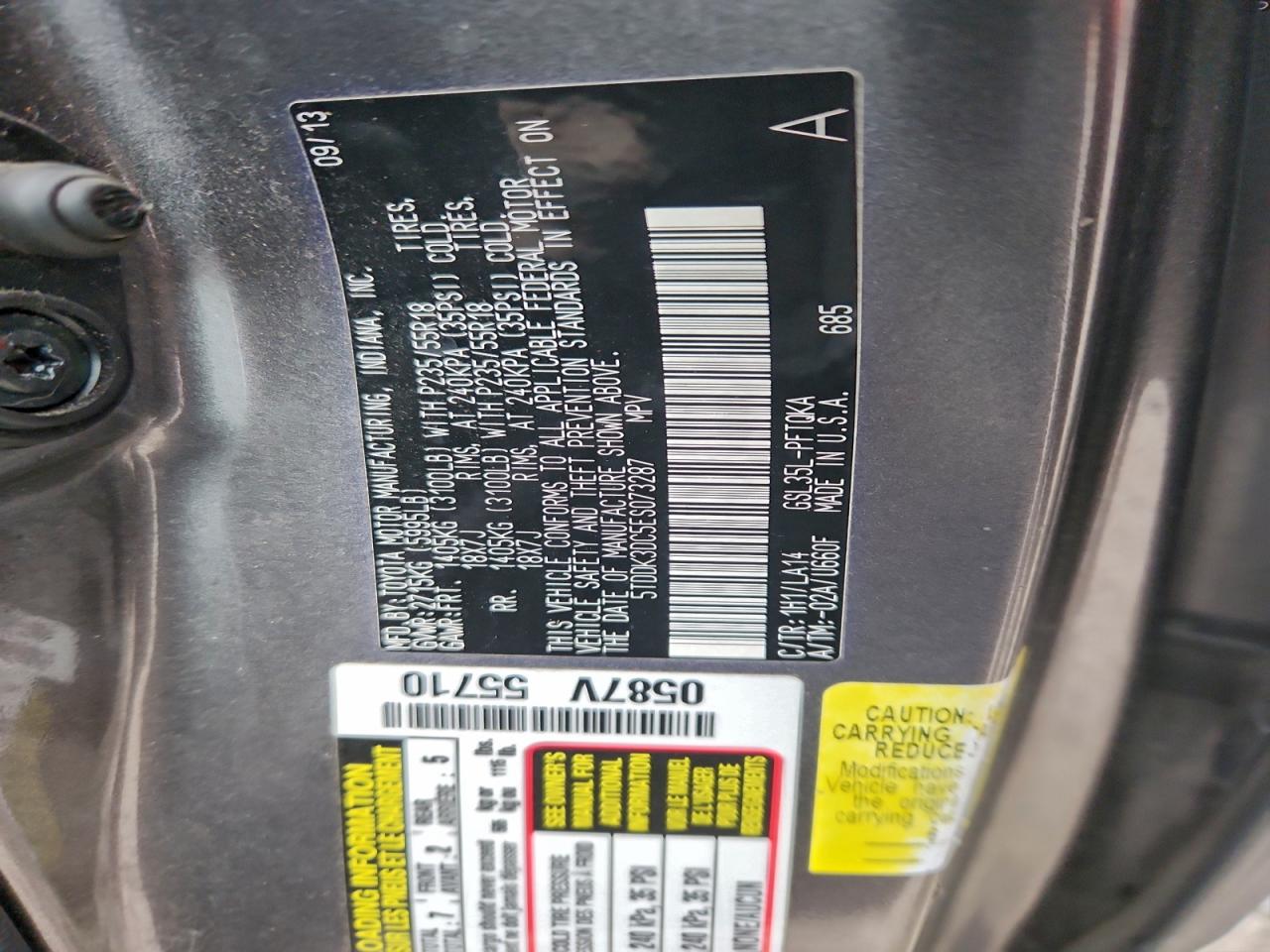 2014 Toyota Sienna Xle VIN: 5TDDK3DC5ES073287 Lot: 94127685