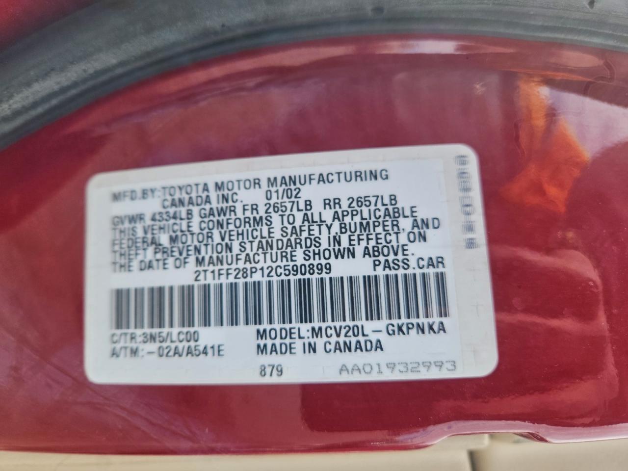 2002 Toyota Camry Solara Se VIN: 2T1FF28P12C590899 Lot: 93750375