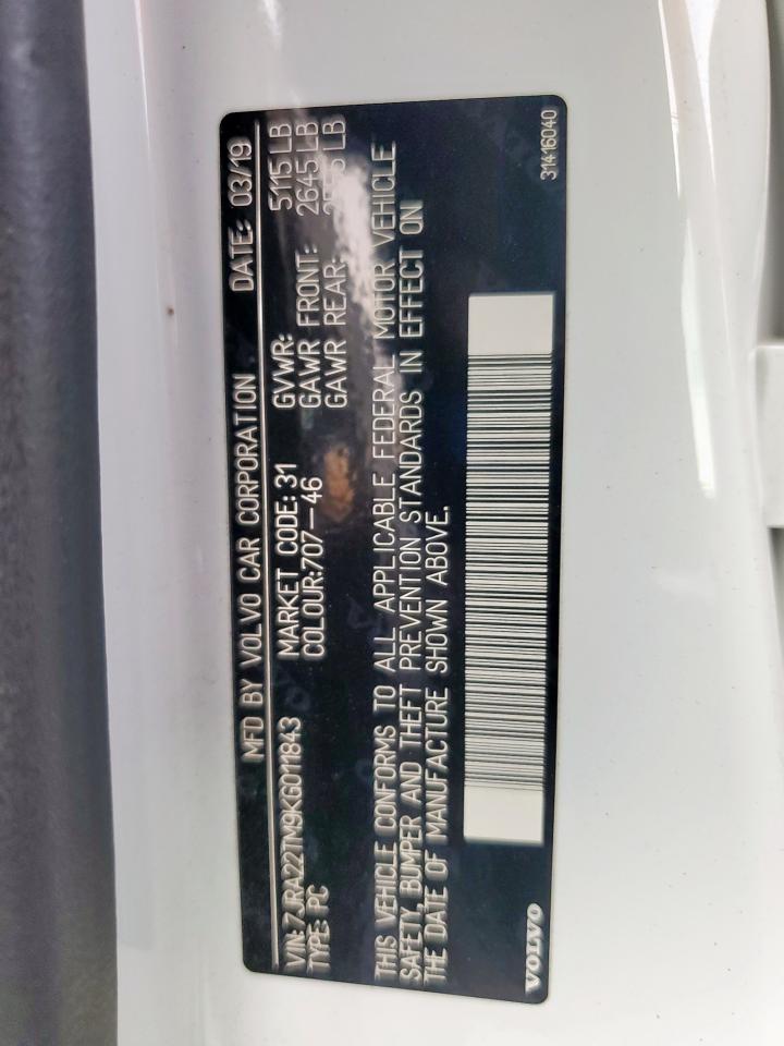 2019 Volvo S60 T6 R-Design VIN: 7JRA22TM9KG011843 Lot: 92982795