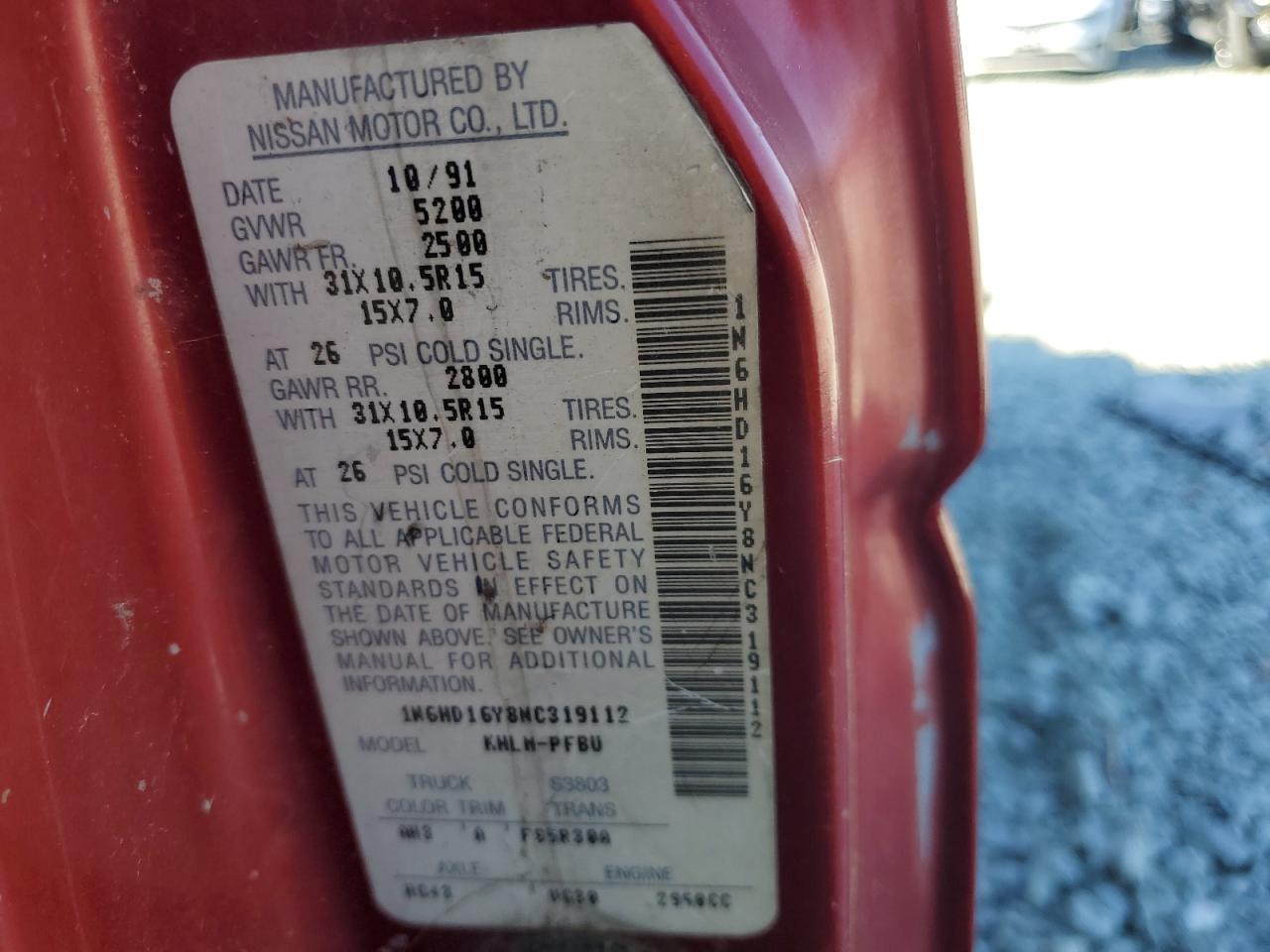 1992 Nissan Truck King Cab Se VIN: 1N6HD16Y8NC319112 Lot: 92591085