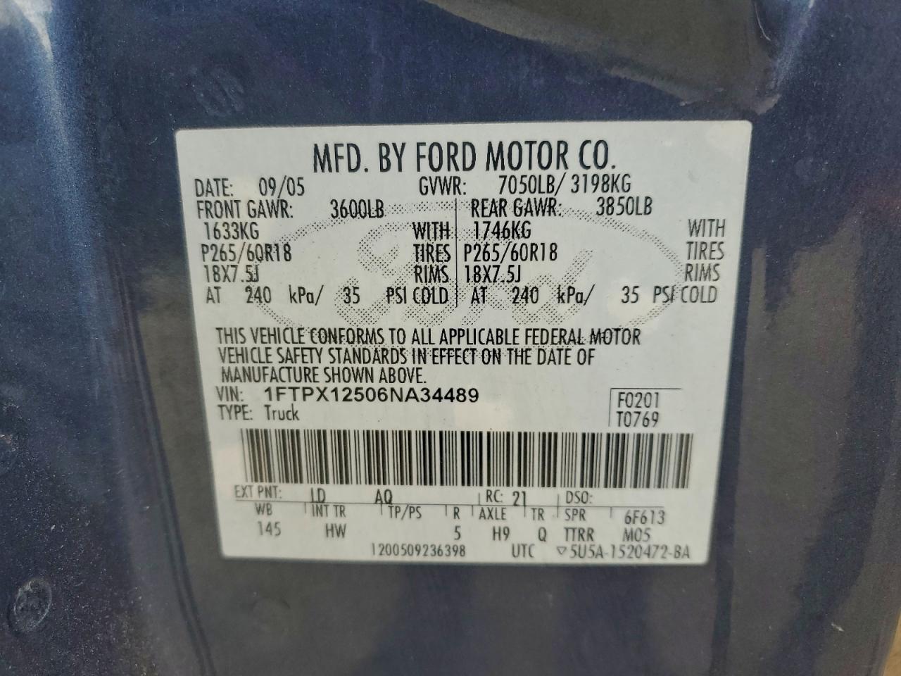 2006 Ford F150 VIN: 1FTPX12506NA34489 Lot: 94505615