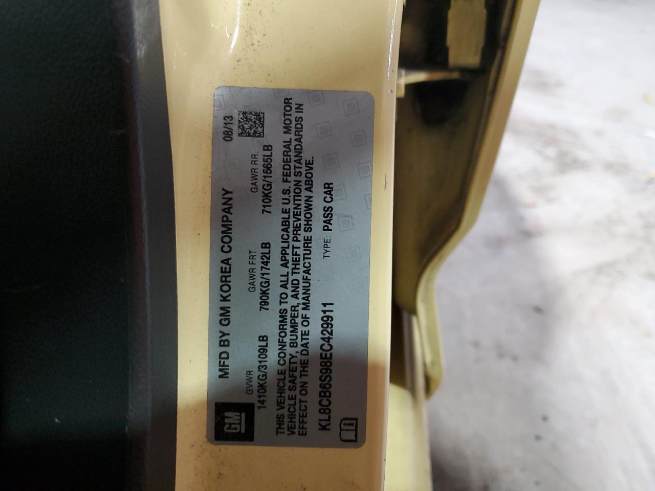 2014 Chevrolet Spark Ls VIN: KL8CB6S98EC429911 Lot: 93605535