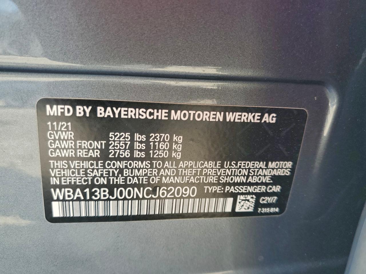 2022 BMW 530 Xi VIN: WBA13BJ00NCJ62090 Lot: 93777955