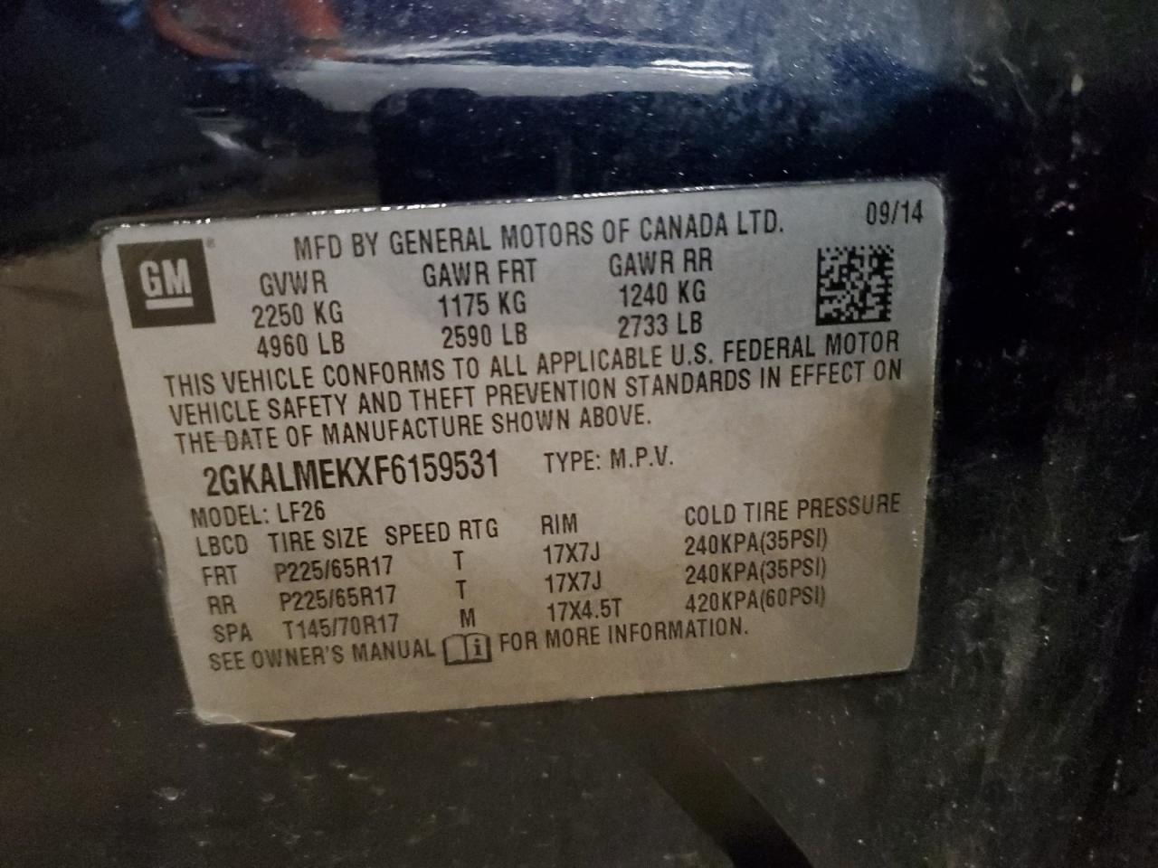 2015 GMC Terrain Sle VIN: 2GKALMEKXF6159531 Lot: 91012725