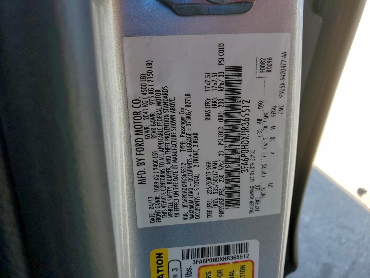 2017 Ford Fusion Se VIN: 3FA6P0HDXHR365512 Lot: 91179875