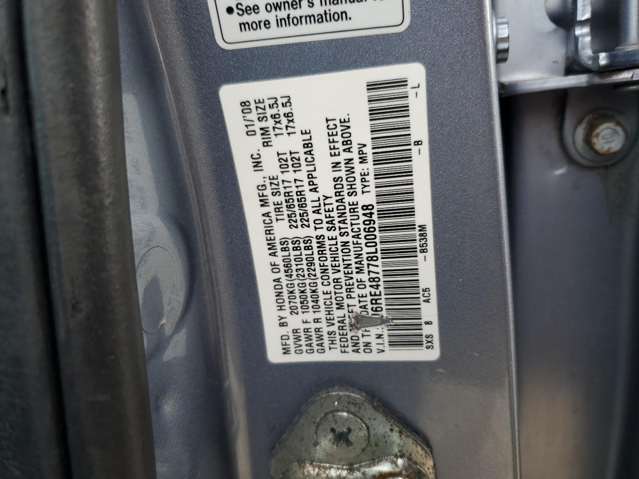 2008 Honda Cr-V Exl VIN: 5J6RE48778L006948 Lot: 92648715