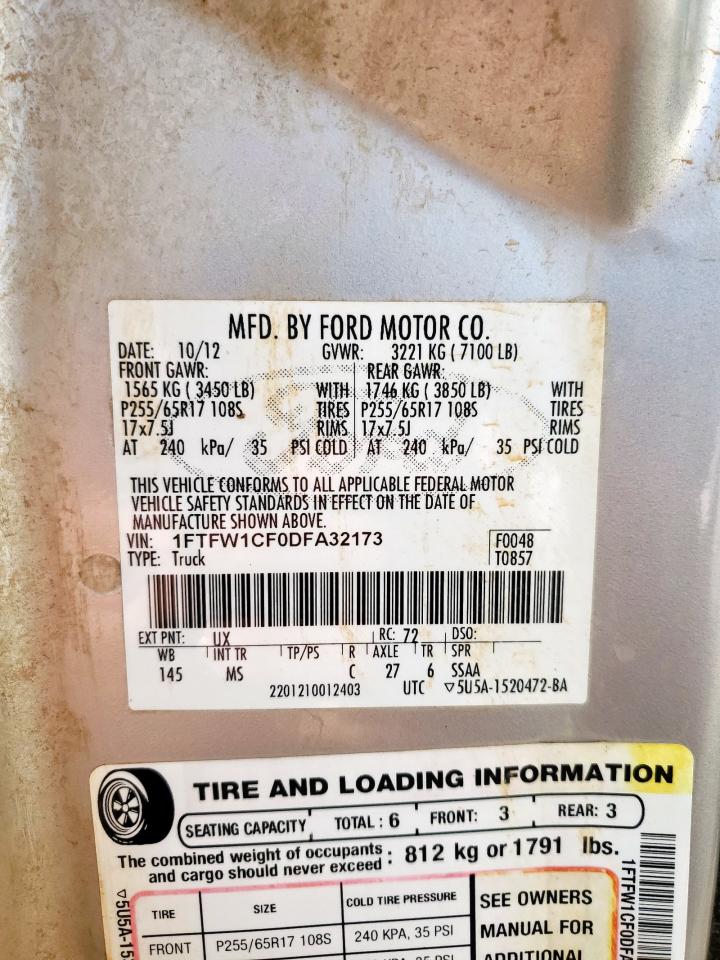 2013 Ford F150 Supercrew VIN: 1FTFW1CF0DFA32173 Lot: 93227215