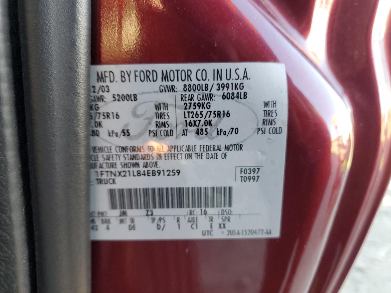 2004 Ford F250 Super Duty VIN: 1FTNX21L84EB91259 Lot: 91052585