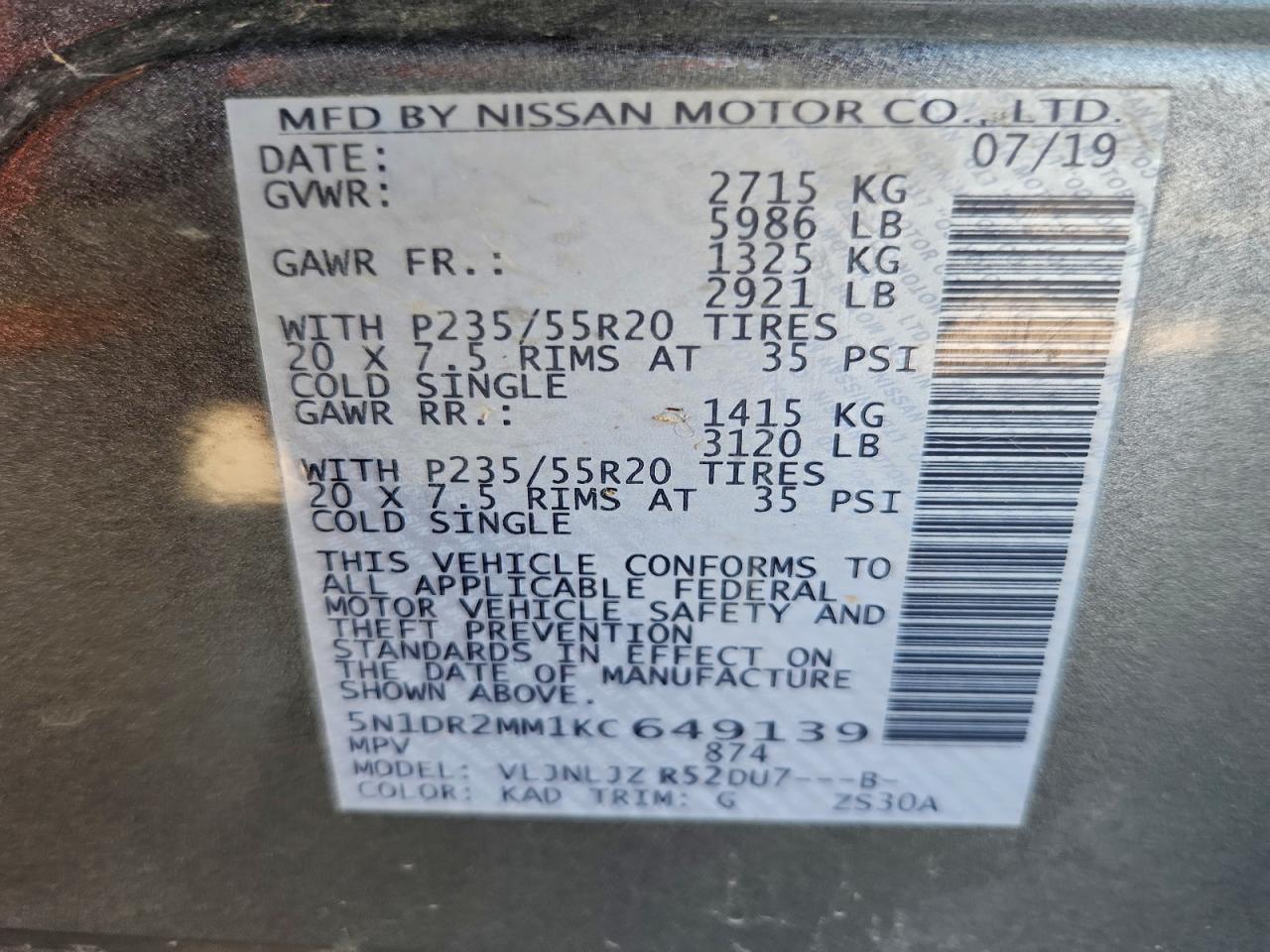 2019 Nissan Pathfinder S VIN: 5N1DR2MM1KC649139 Lot: 94600645