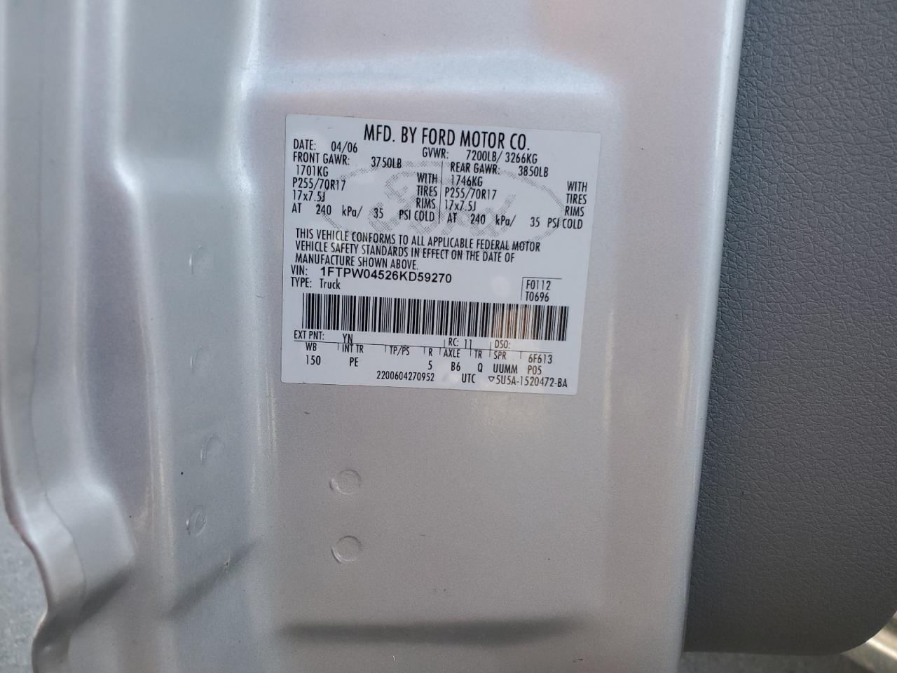 2006 Ford F150 VIN: 1FTPW04526KD59270 Lot: 93371855