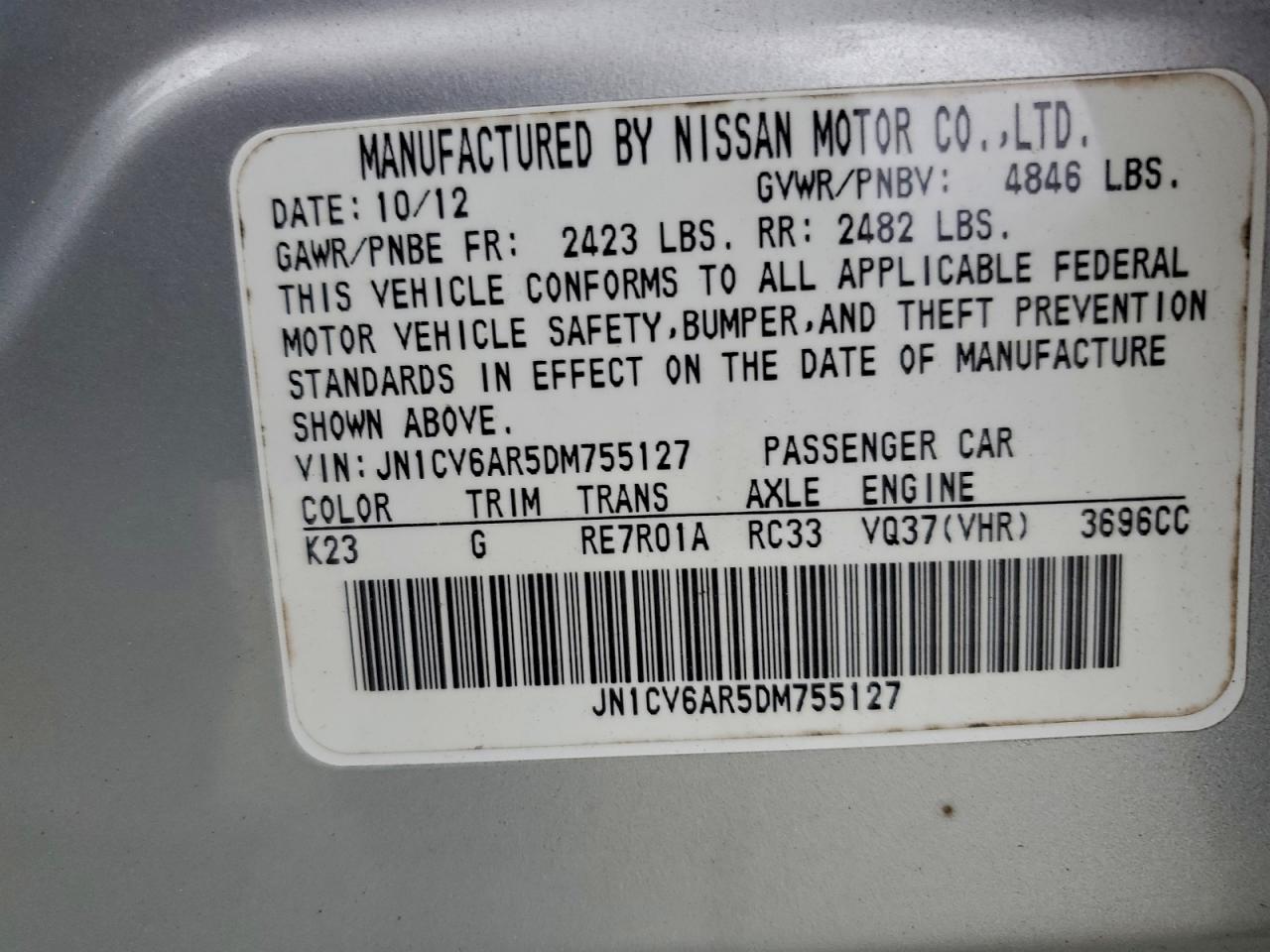 2013 Infiniti G37 VIN: JN1CV6AR5DM755127 Lot: 94128845