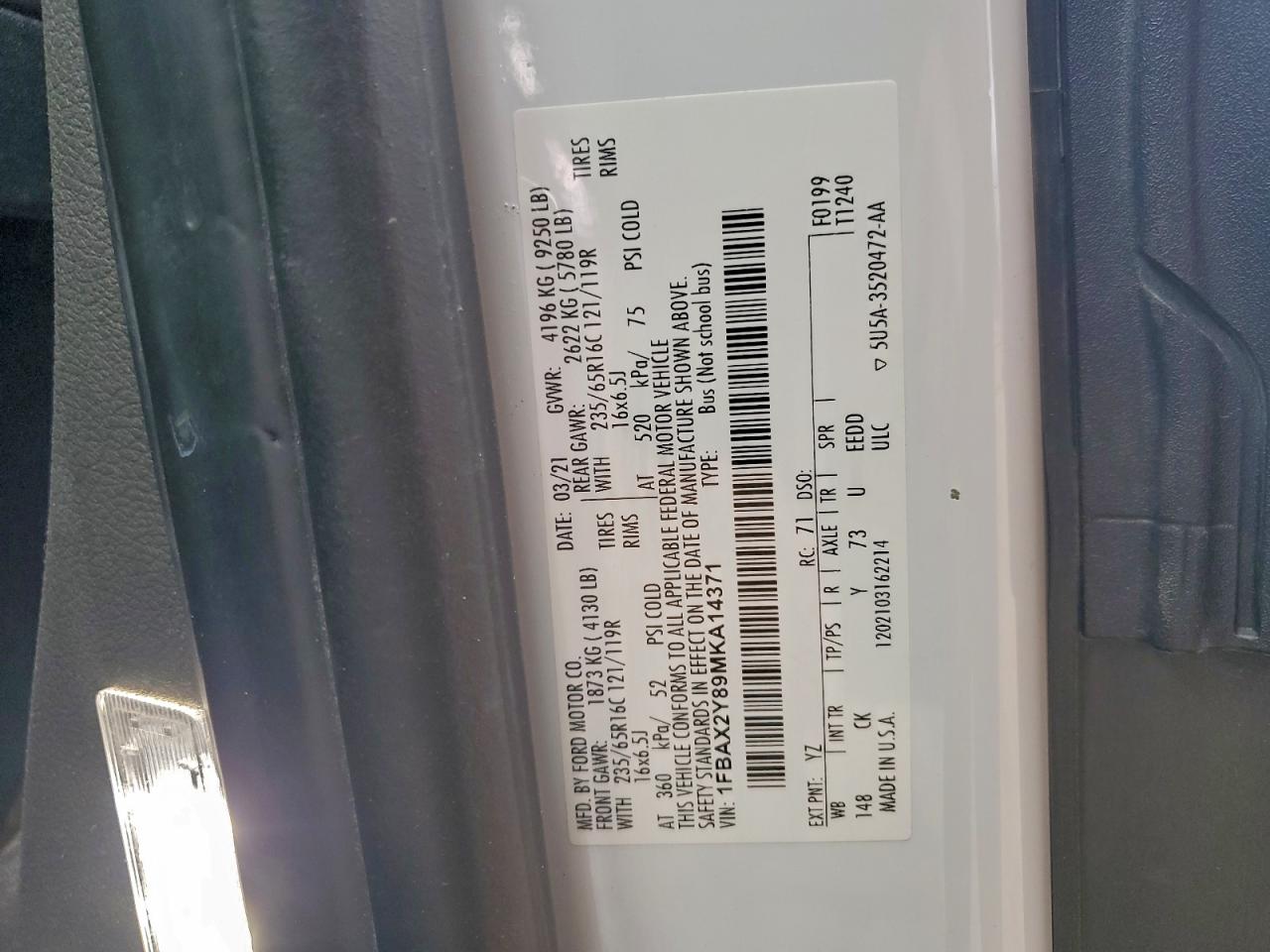 2021 Ford Transit T-350 VIN: 1FBAX2Y89MKA14371 Lot: 94049175